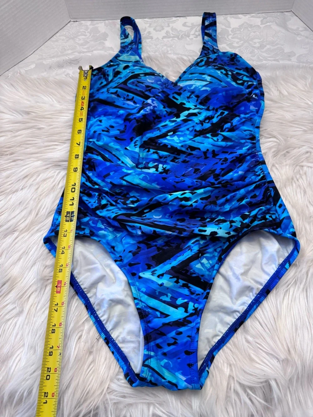 Miradonna By Miraclesuit V Neck One Piece Swimsuit Slimming Size 10 Blue Modest